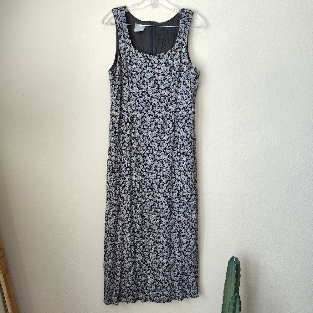 VINTAGE 90s Ditsy Floral Sleeveless Maxi Dress Black Pink